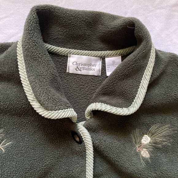 Christopher & Banks Green Embroidered Button-Up Fleece Jacket With Nature-Inspir - Picture 4 of 10